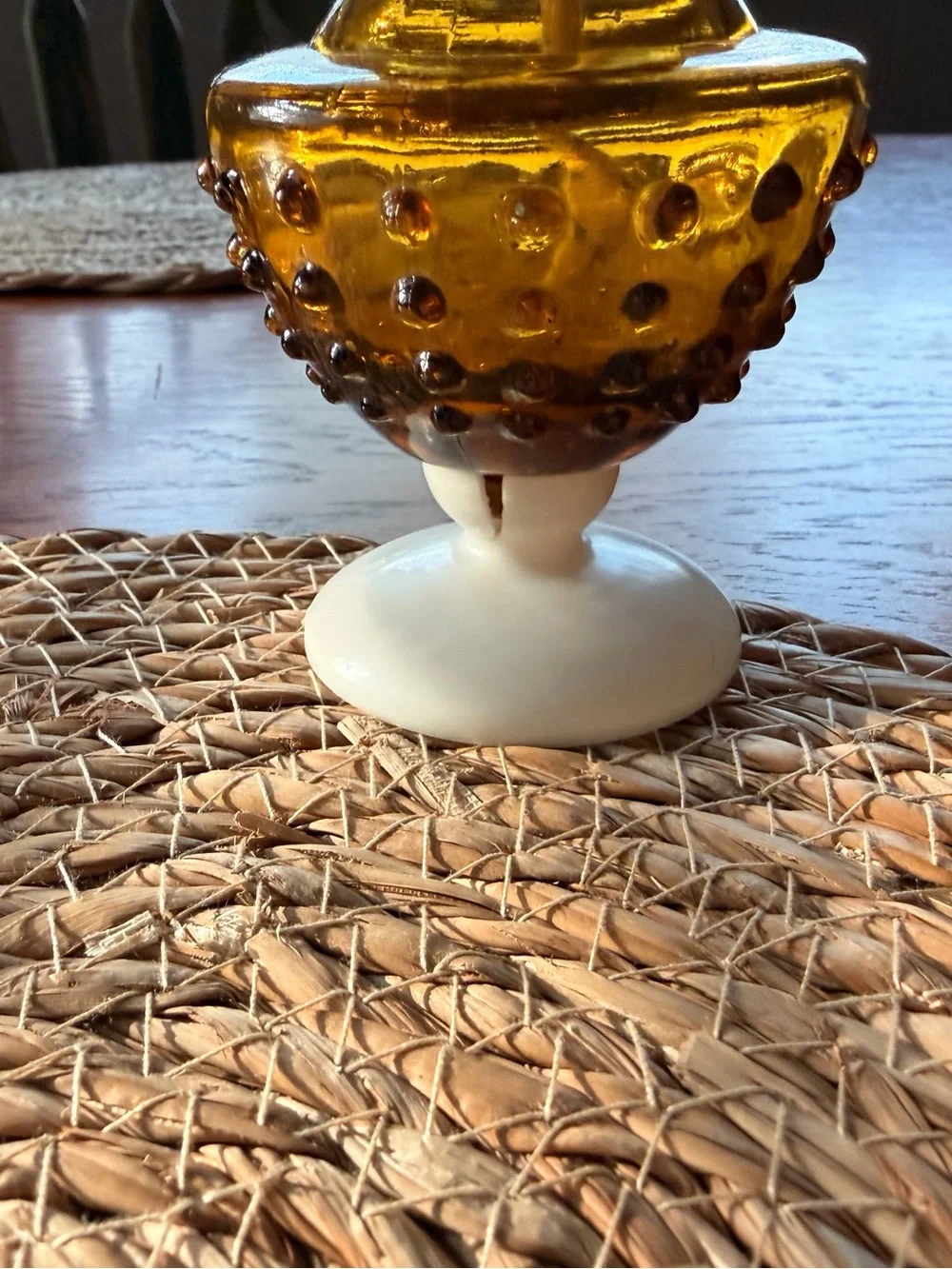Amber Glass Hobnail Oil Lamp with White Base